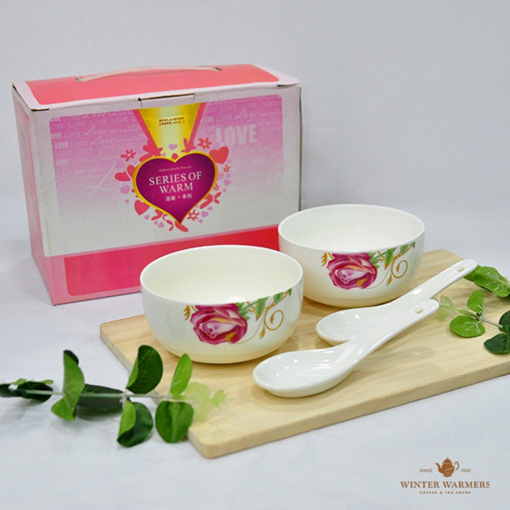 Xcellent Sales -Ceramic Bowl Set of 2 with spoon Rose flower Dining Set Gift Set 送礼陶瓷2碗套装