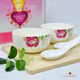 Xcellent Sales -Ceramic Bowl Set of 2 with spoon Rose flower Dining Set Gift Set 送礼陶瓷2碗套装